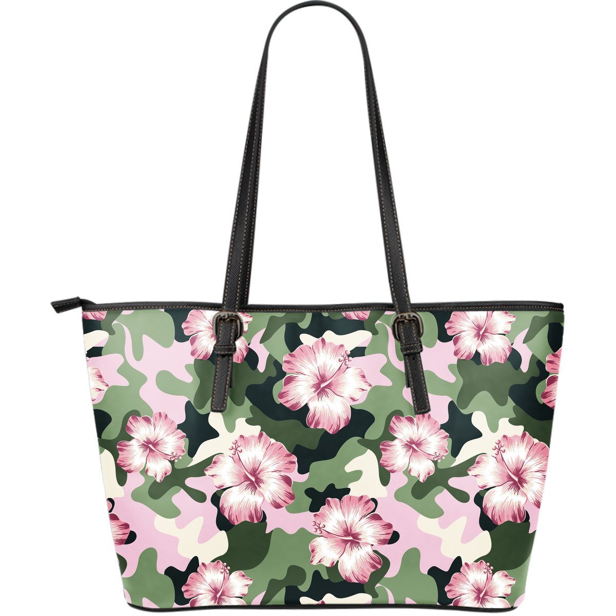Pink hibiscus camouflage Large Leather Tote Bag – JorJune