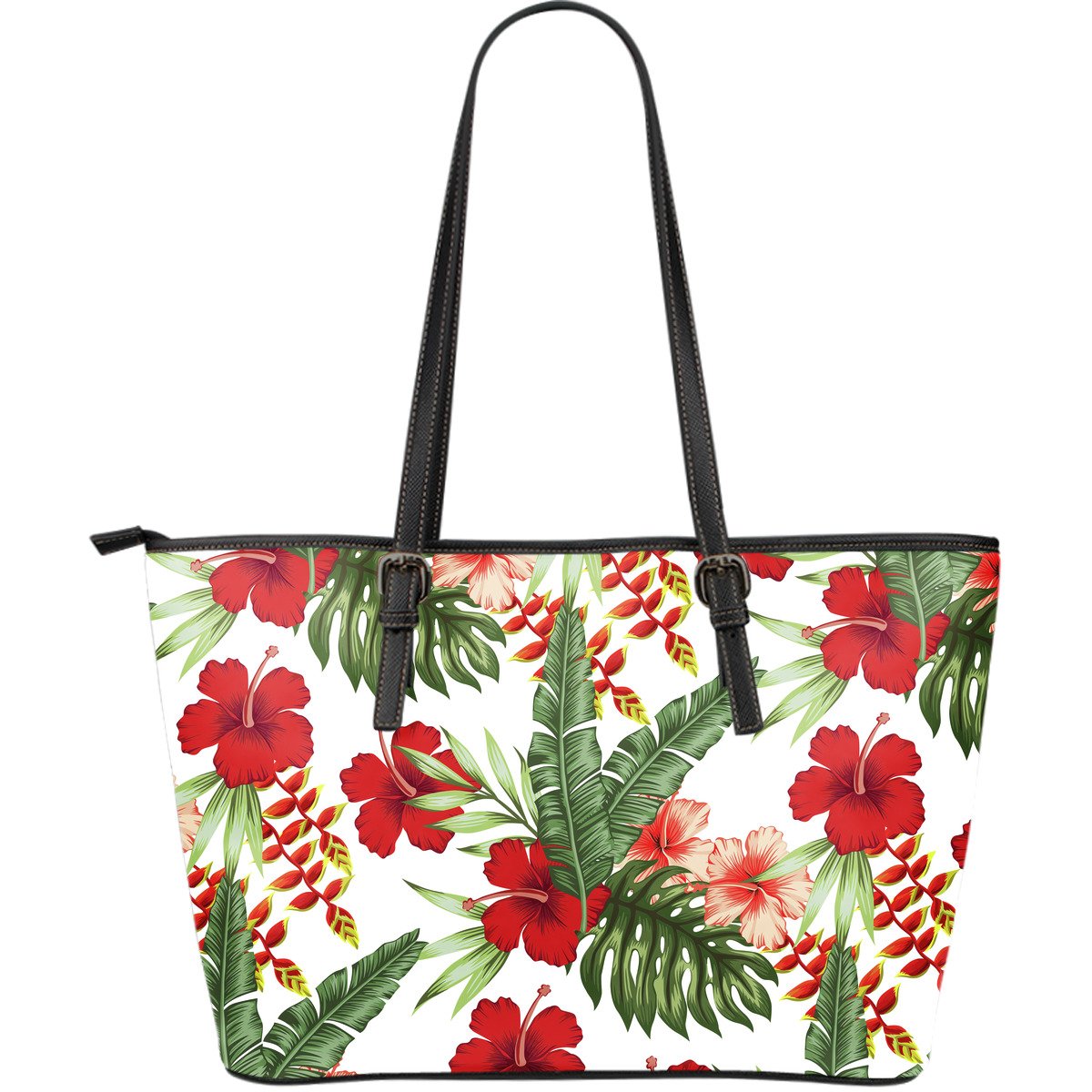 Red Hibiscus Tropical Flowers Leather Tote Bag - JorJune