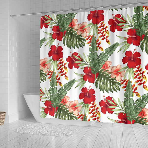 Red Hibiscus Tropical Flowers Shower Curtain - JorJune