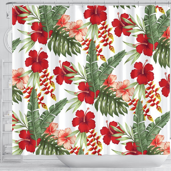 Red Hibiscus Tropical Flowers Shower Curtain - JorJune