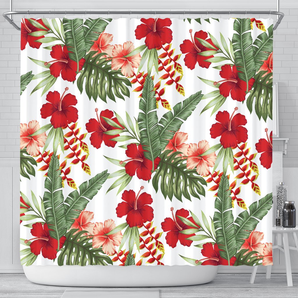 Red Hibiscus Tropical Flowers Shower Curtain - JorJune