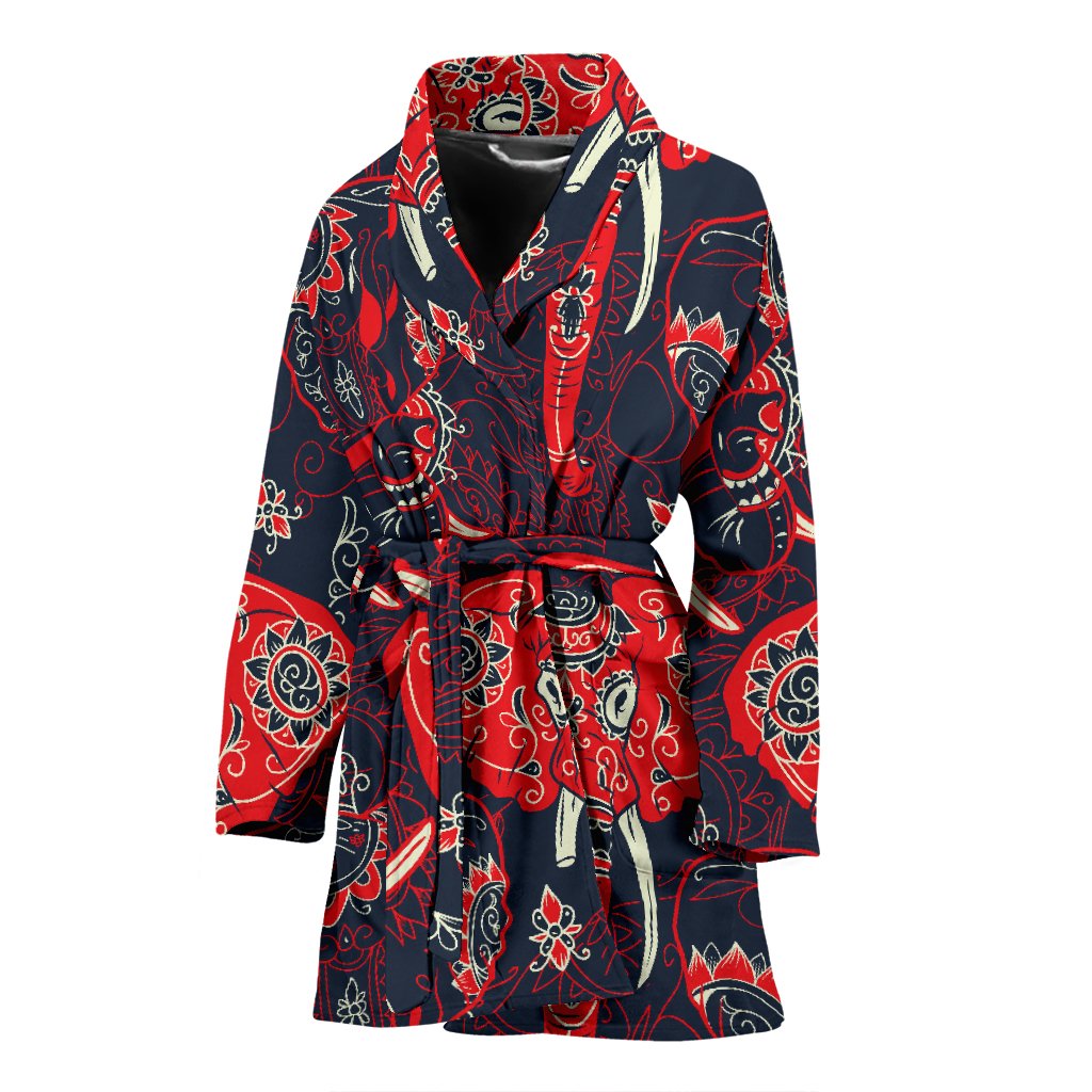 Red Indian Elephant Pattern Women Bathrobe - JorJune