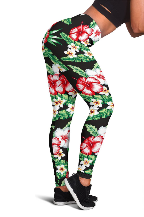 Red White Hawaiian Hibiscus Women Leggings - JorJune