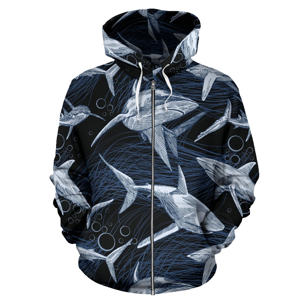 Shark Print Pattern Zip Up Hoodie - JorJune