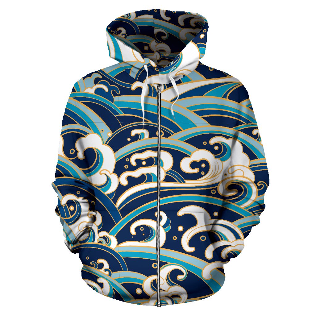 Surf Wave Pattern Zip Up Hoodie - JorJune