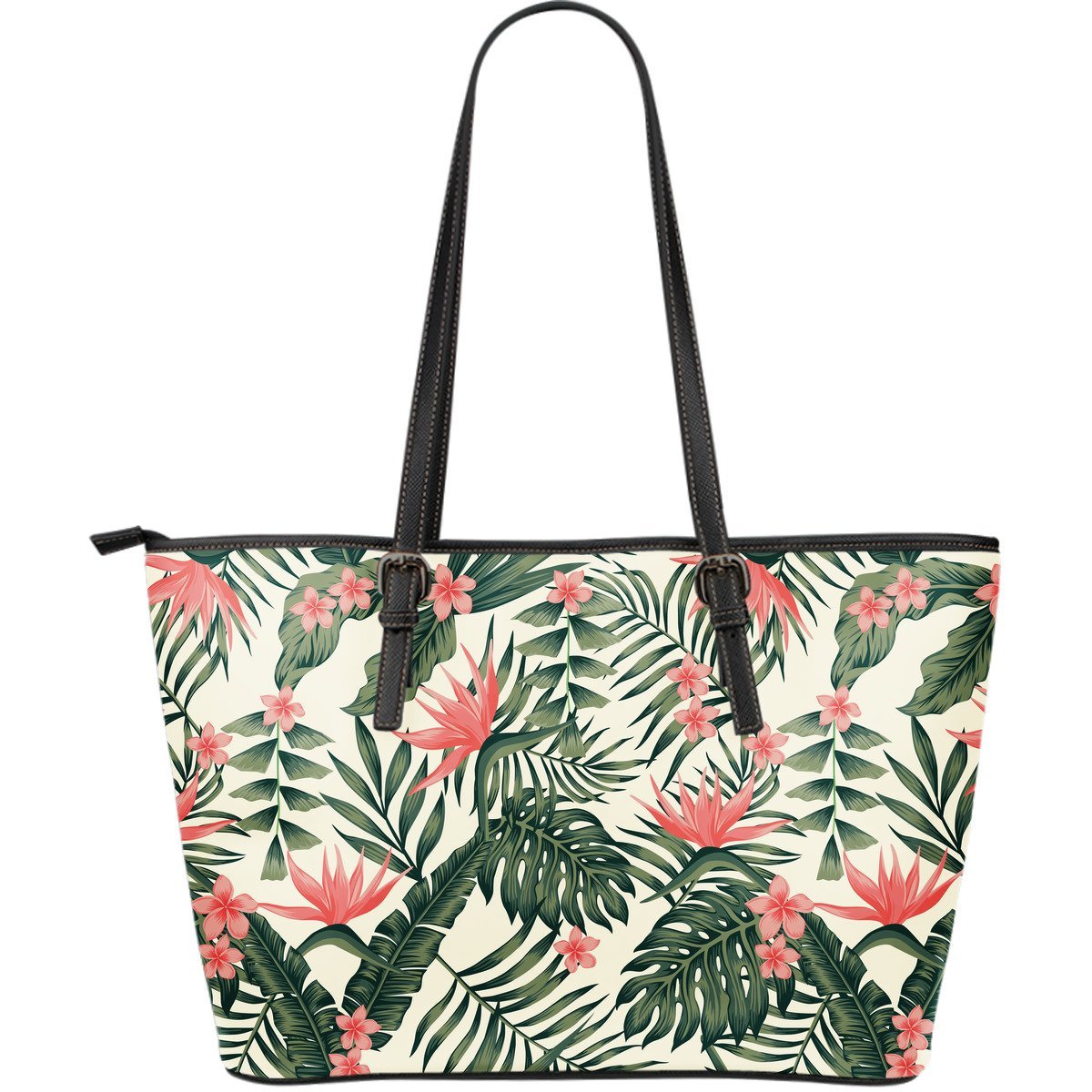 Sweet Tropical Flower Palm Leaves Leather Tote Bag - JorJune