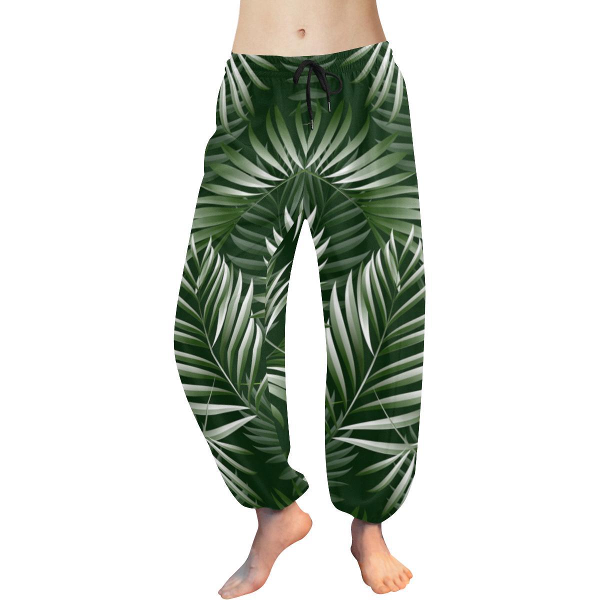 White & Green Tropical Palm Leaves Harem Pants - JorJune