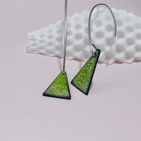 green triangle enamel earrings on silver ear wires