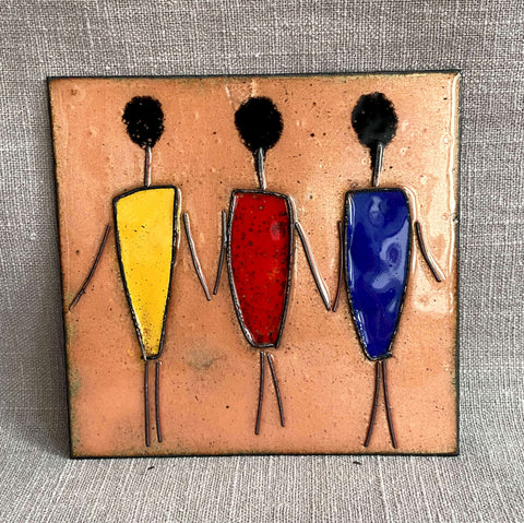 copper enamel cloisonne panel featuring three african women in bright clothing