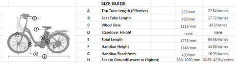 Ecotric Peacedove Size Chart