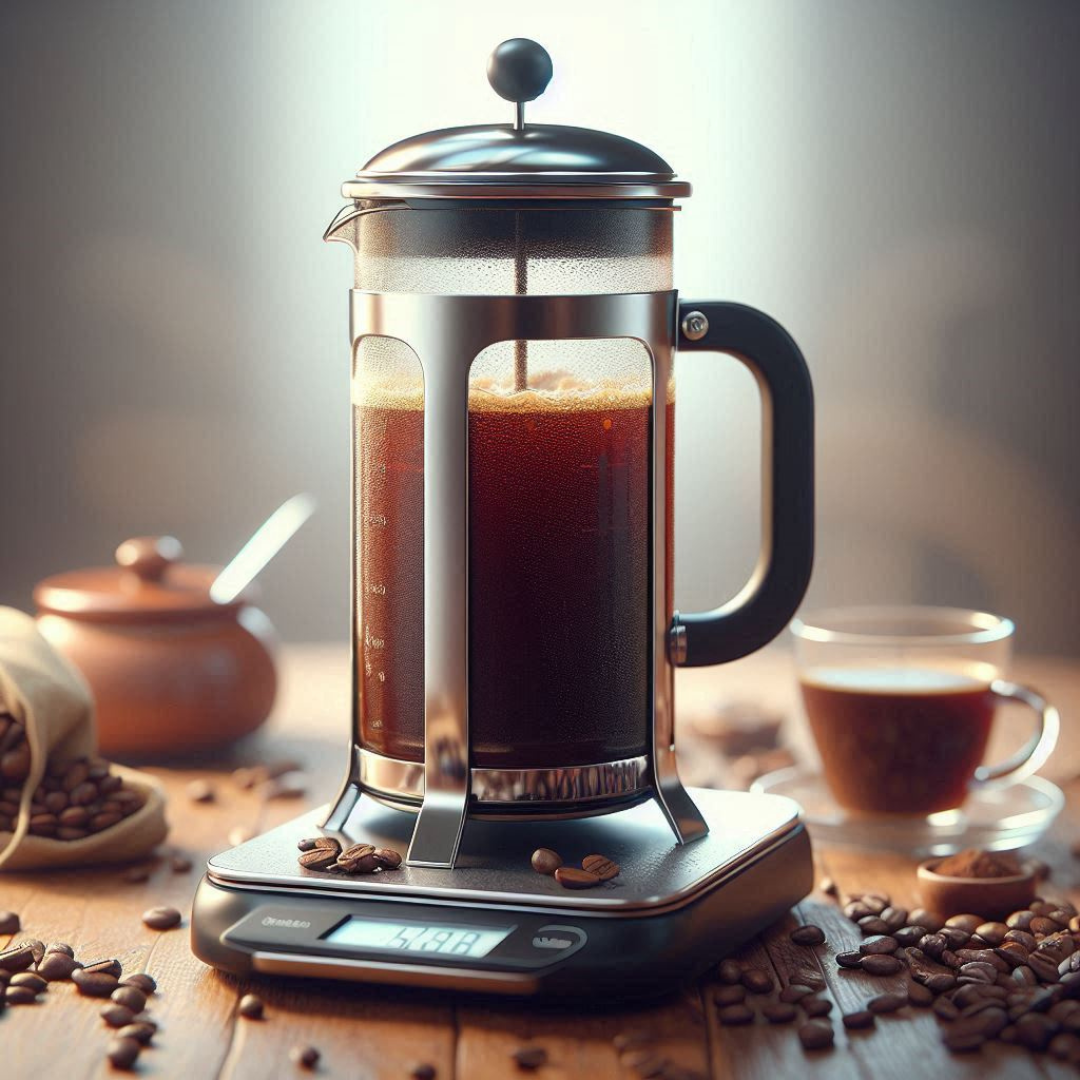 A French press filled with freshly brewed coffee sits on a digital scale, surrounded by coffee beans, a small cup of coffee, and a teapot. The scene is warmly lit, highlighting the rich color of the coffee and the sleek design of the French press, creating an inviting coffee brewing setup.