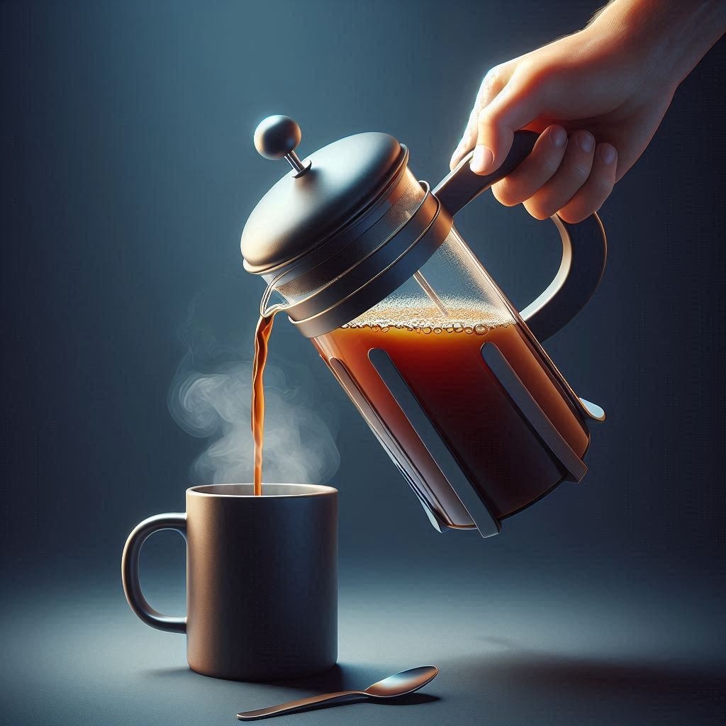 A hand pours steaming coffee from a French press into a dark mug against a moody, shadowy background. The rich, amber-colored coffee streams from the press, creating wisps of steam as it fills the cup. A small spoon rests beside the mug, completing the dramatic and inviting coffee scene.