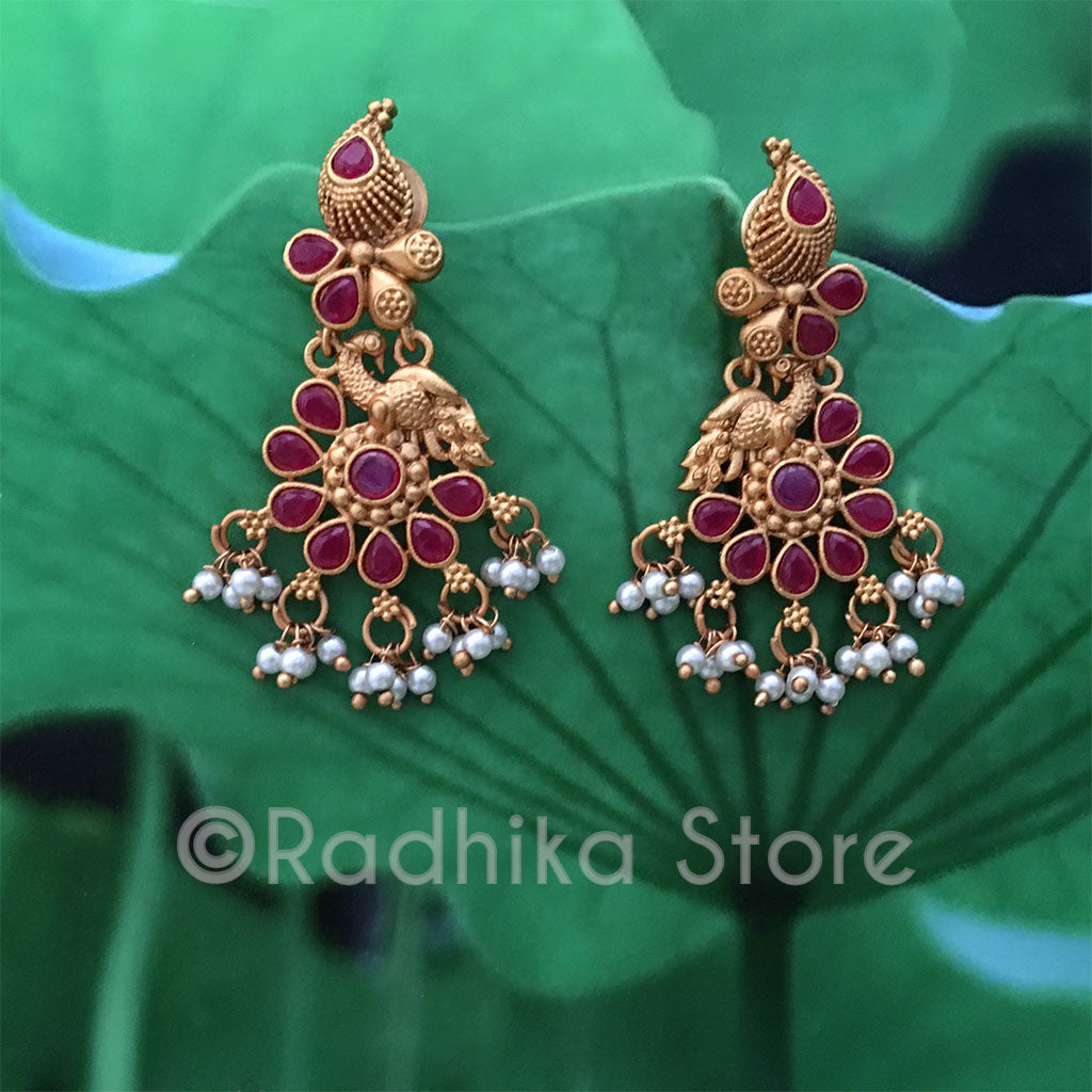 Ruby Paisley Flower Earrings - Bollywood Collection - Radhika Store