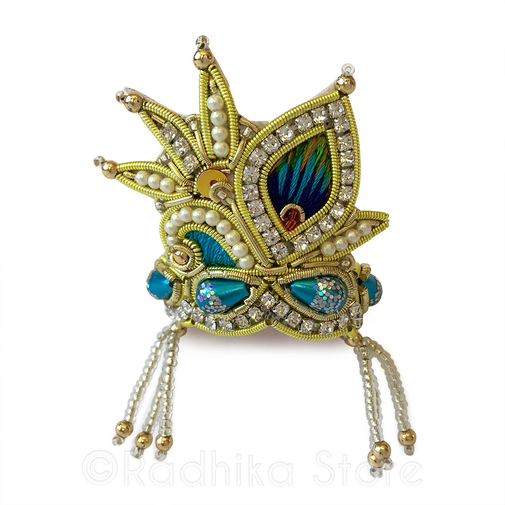 Deity Crown Decorative Pins with Peacock Feather, Small Flowers & Diamonds
