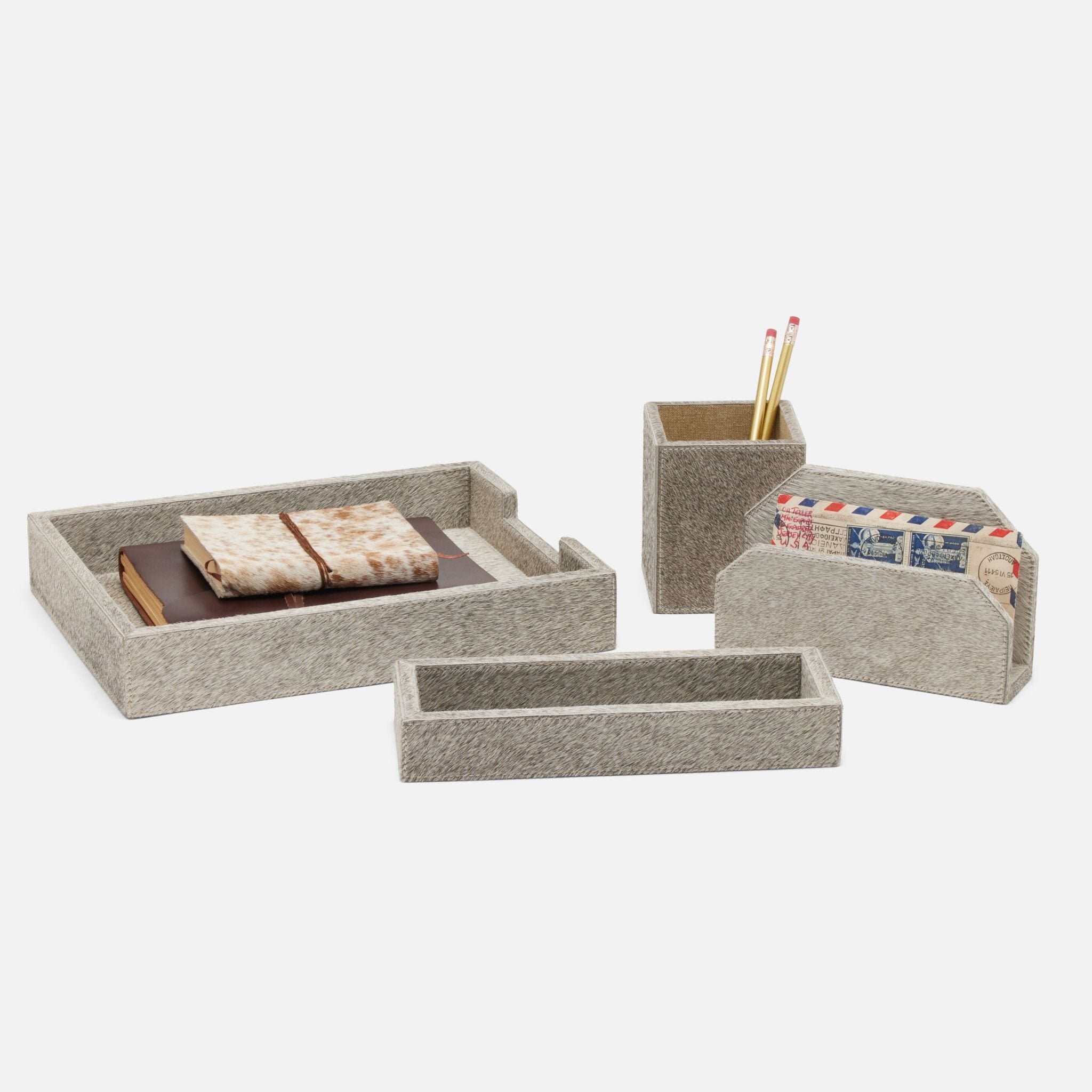 Hyde-Park Grey Calf Hair and Canvas 4 Piece Desk Accessory SET