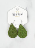 Fine Glitter Olive  Green Leather Teardrop Earrings