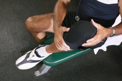 Aerial view of a knee brace on an athletic male.