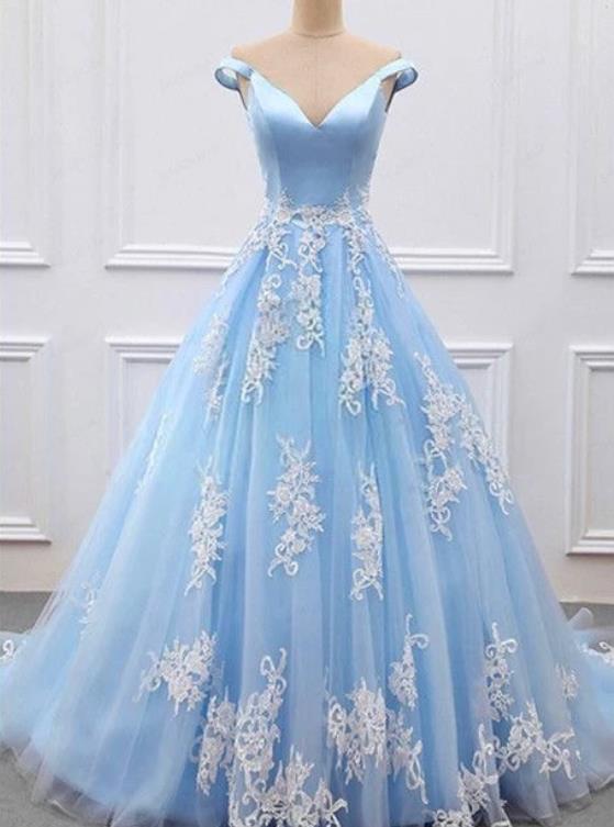 The Off Shoulder Blue Prom Dresses V Neck Prom Ball Gown – Hoprom