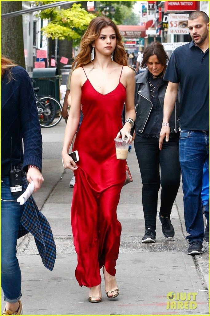 red satin dress outfit