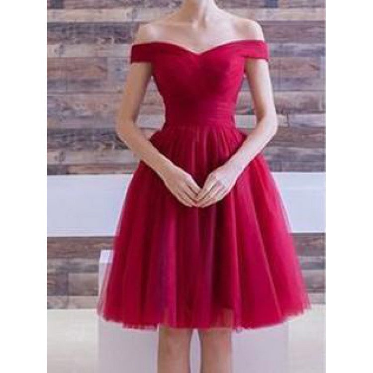 red off the shoulder knee length dress