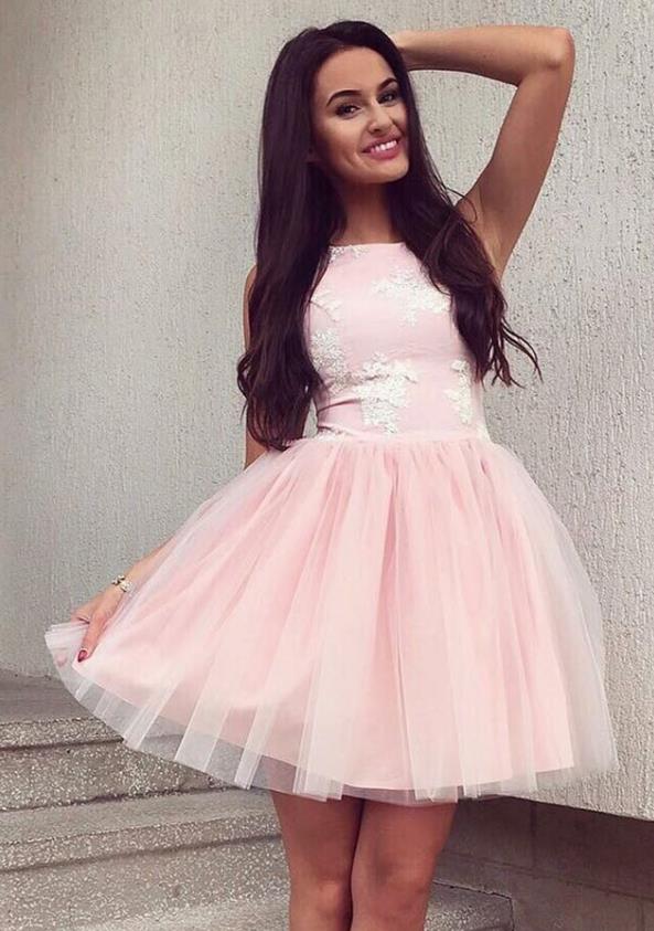 Pearl Pink Lace Applique Homecoming Dresses,Tulle Short Homecoming Dre ...