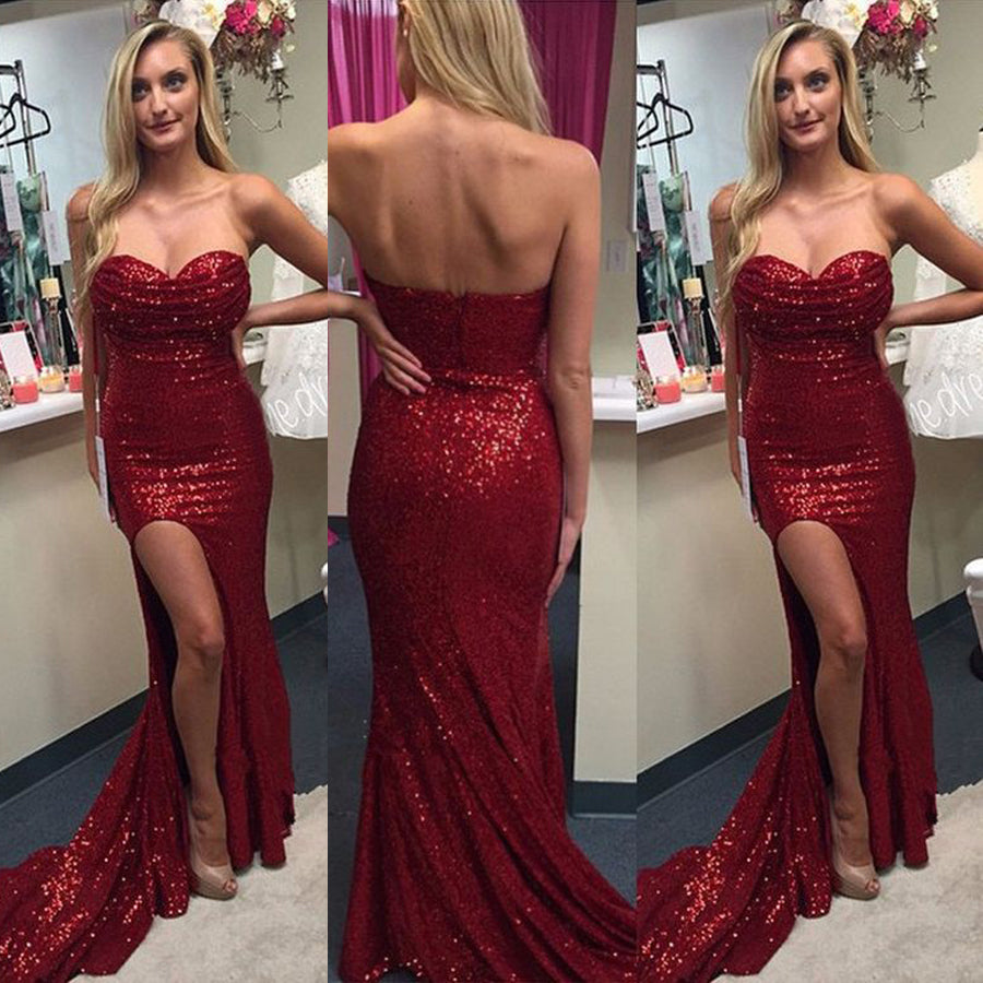 red sequin slit dress