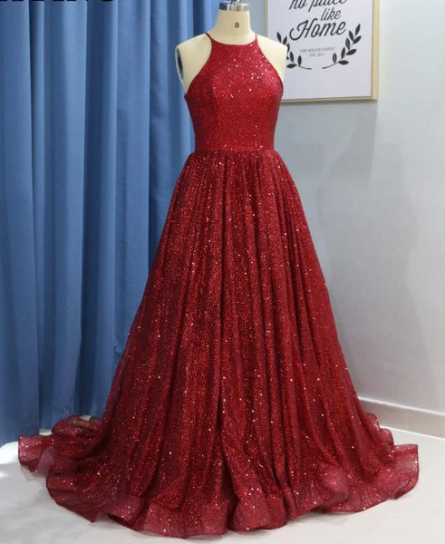 Red Sequin Glitter Prom Dresses Halter Off The Shoulder Evening Dress ...