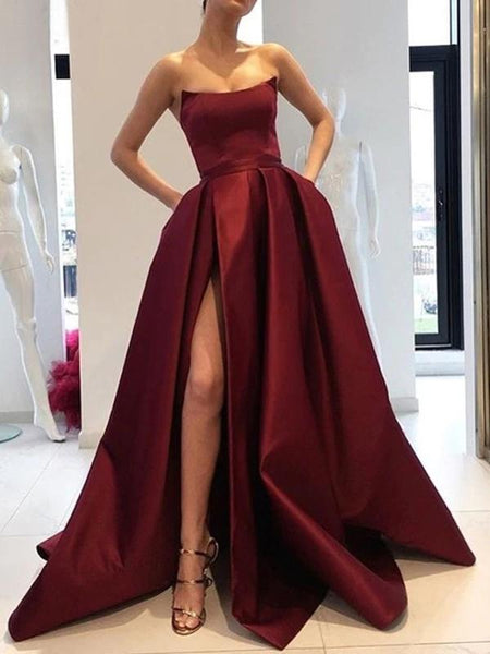 Burgundy Satin Strapless Prom Dresses With Pockets Simple Side Split E ...