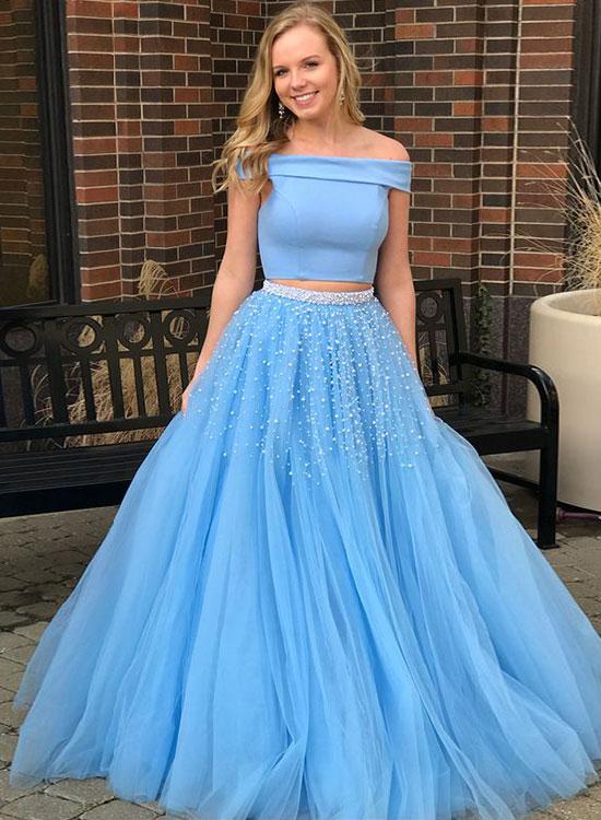 Sky Blue Two Piece Off The Shoulder Tulle Prom Dresses With