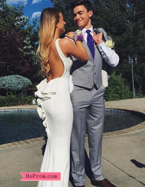 Sexy White Open Back Long Jersey Prom Dress with Ruffle