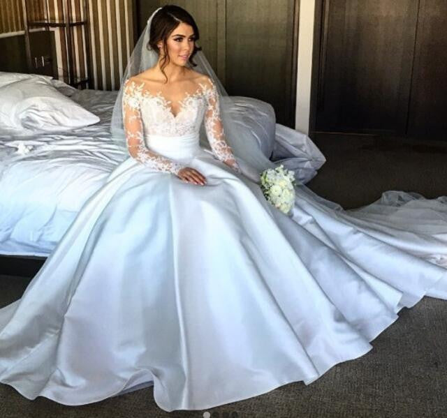 Elegant Full Lace Split Wedding Bridal Dresses with Detachable Satin S ...