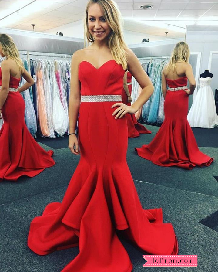 red fitted mermaid prom dress