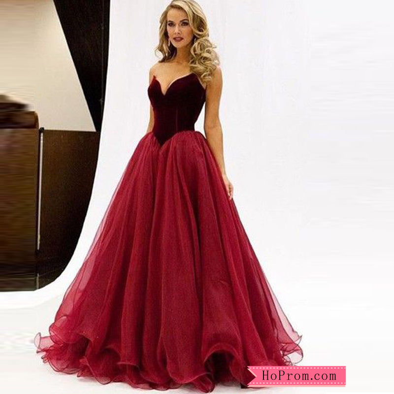 Red A Line Chiffon Velvet Strapless Bodice Prom Dresses Hoprom 