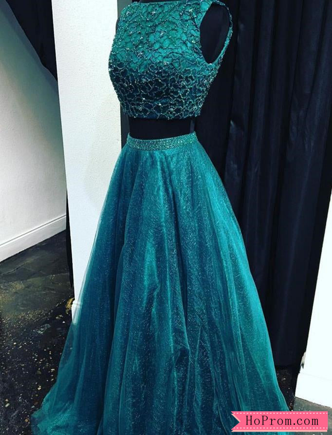 emerald green two piece prom dress