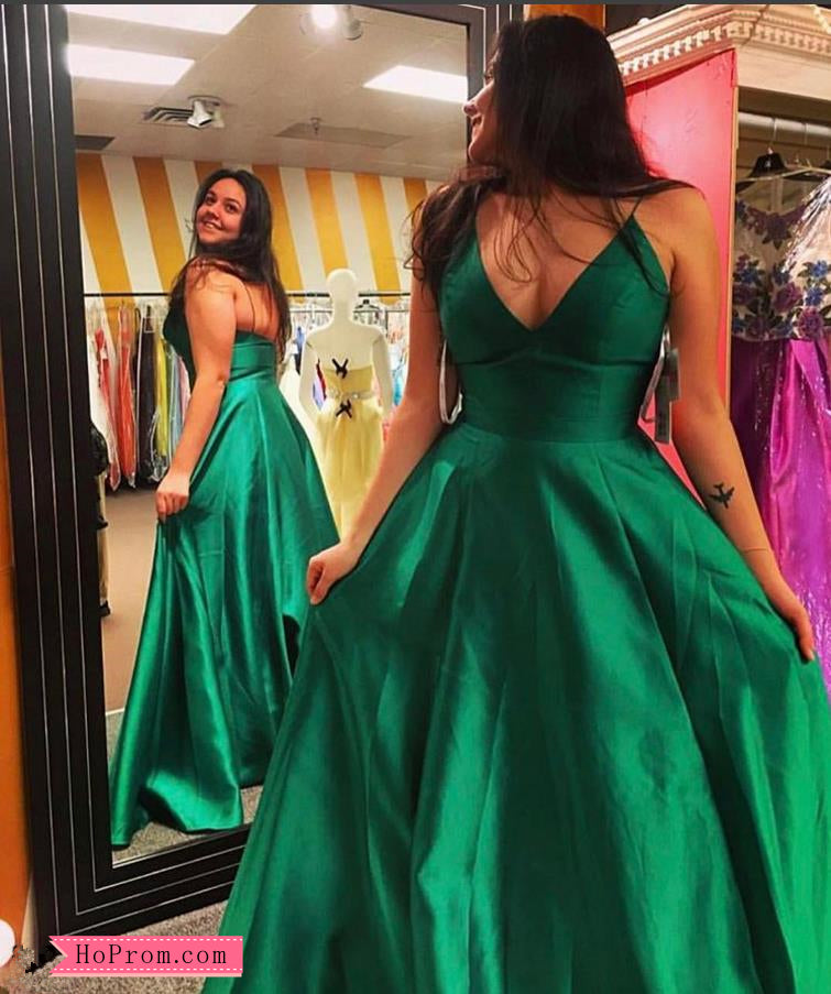 Spaghetti Straps A-line Green Prom Dress Satin V Neckline with Pockets ...