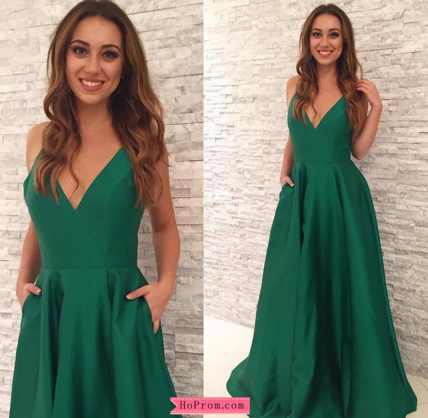 Spaghetti Straps A-line Green Prom Dress Satin V Neckline with Pockets ...