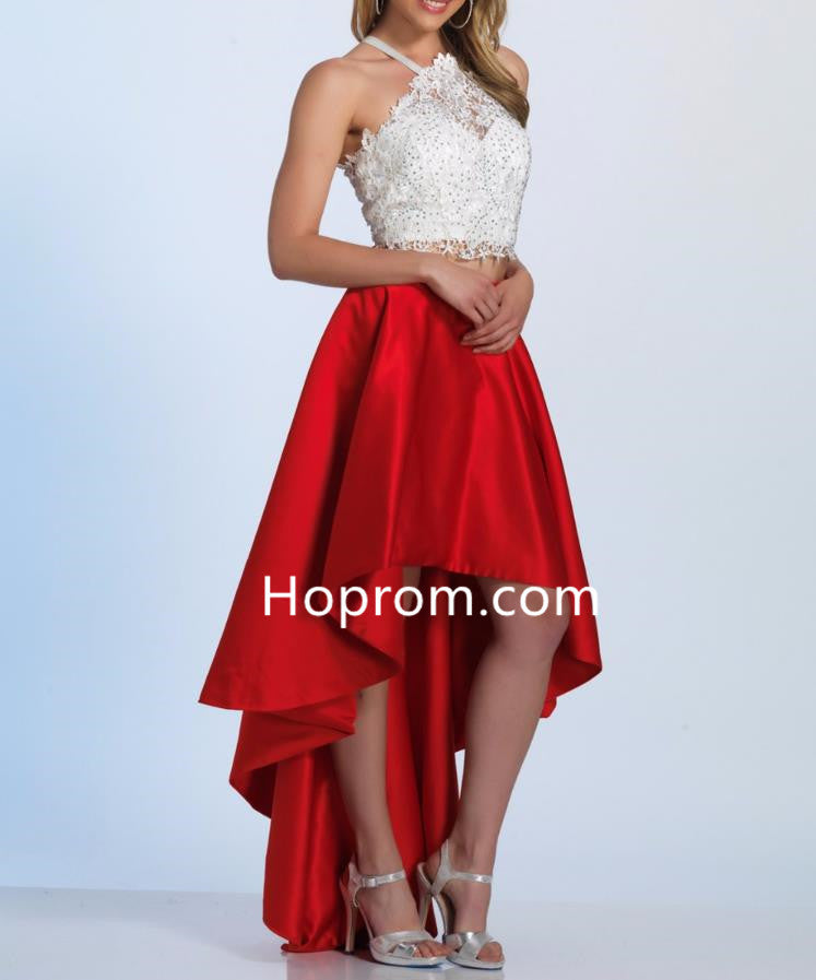 Two Pieces High Low Homecoming Dress, Red Halter Lace Sexy Homecoming Dress