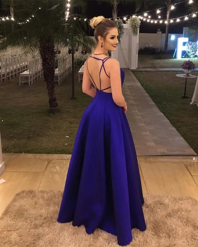 Plunge Neck Blue Prom Dress Backless Evening Formal Dresses – Hoprom