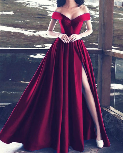 Off Shoulder High Slit Prom Dresses Simple Evening Dresses Red, Blue ...