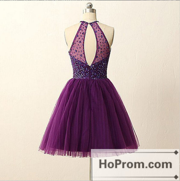 Halter Short Illusion Back Purple Prom Dresses Homecoming Dresses – Hoprom