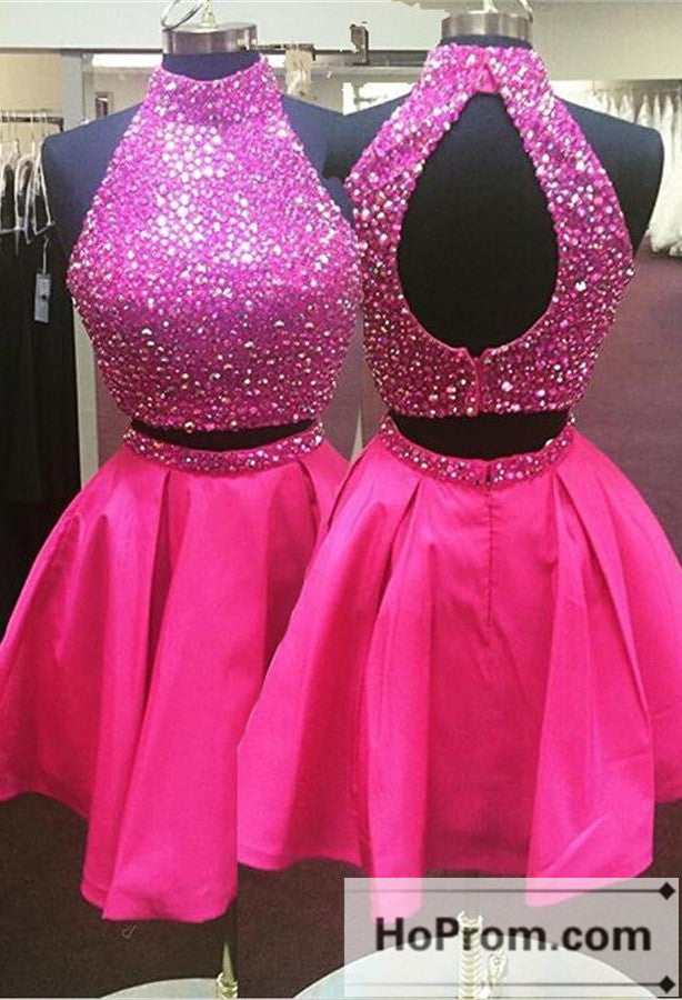 hot pink two piece prom dress