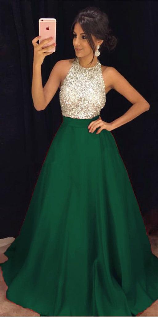 A Line Green Sequins Halter Prom dresses Formal Evening Dresses Hoprom