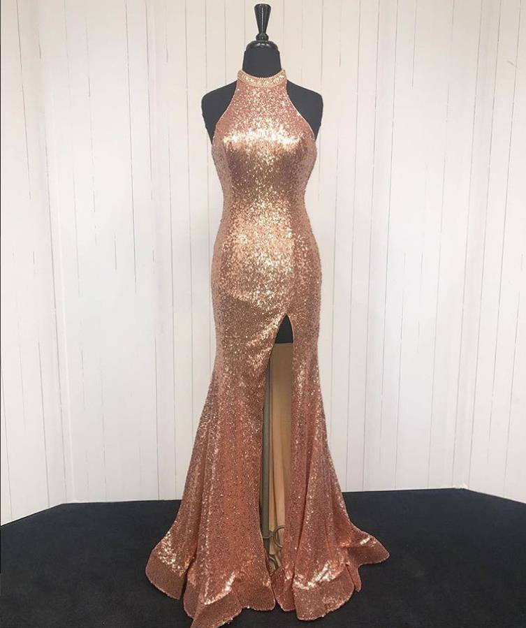 gold sequin halter dress