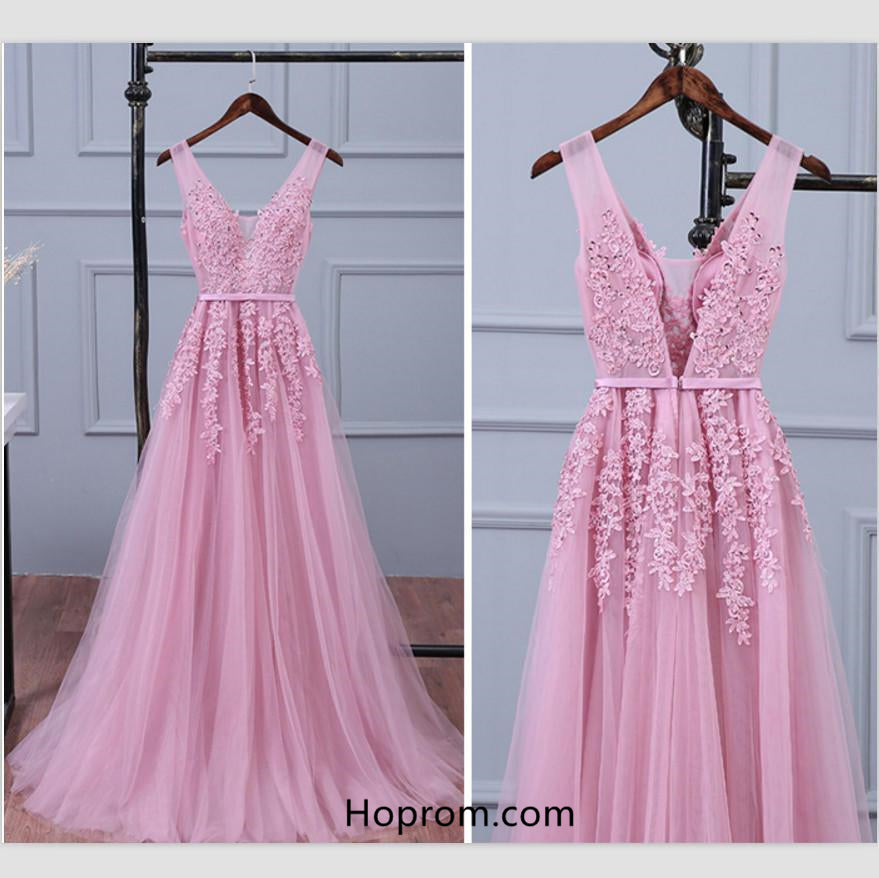 Baby Pink Vneck Tulle Prom Dresses with Appliques Hoprom