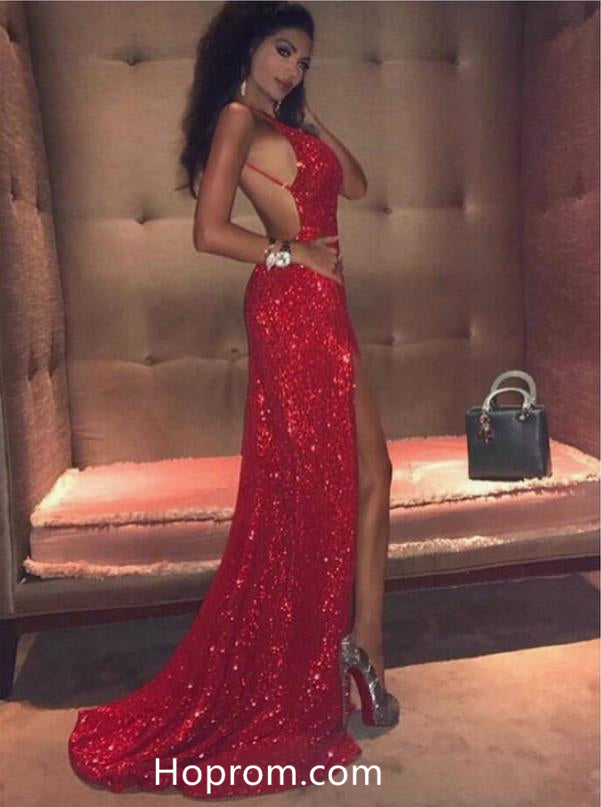 red glitter mermaid prom dress