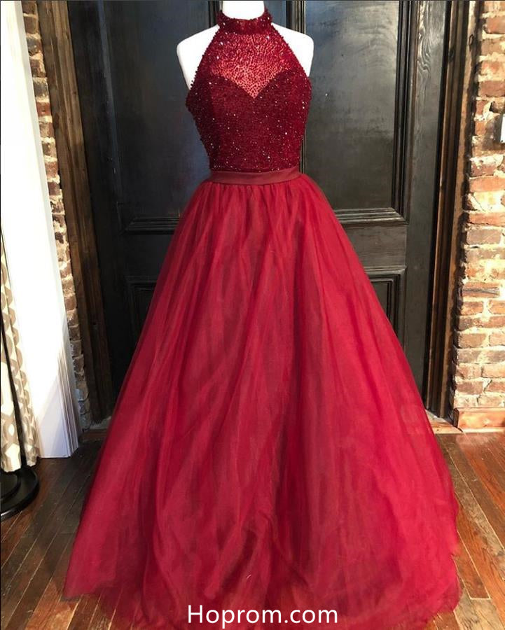 Red Halter Prom Dresses with Beadings, Elegant Formal Dress – Hoprom