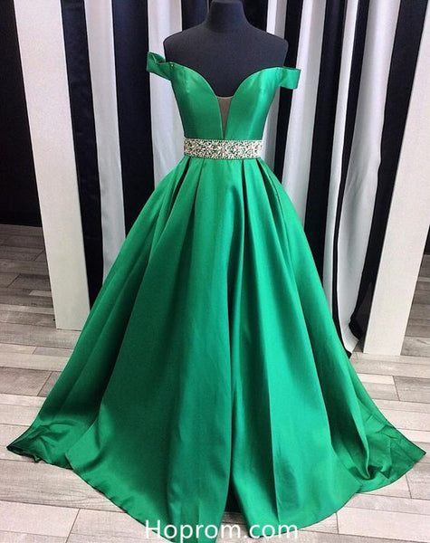 Off Shoulder Satin Prom Dresses Beading Waist Green Evening Dresses ...
