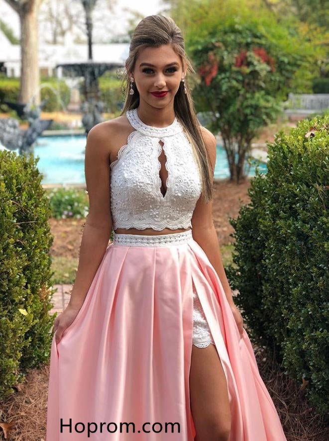 two piece pink prom dress