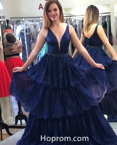 Navy Blue Layers Skirt Lace Prom Dresses V Necline Open Back Evening D ...