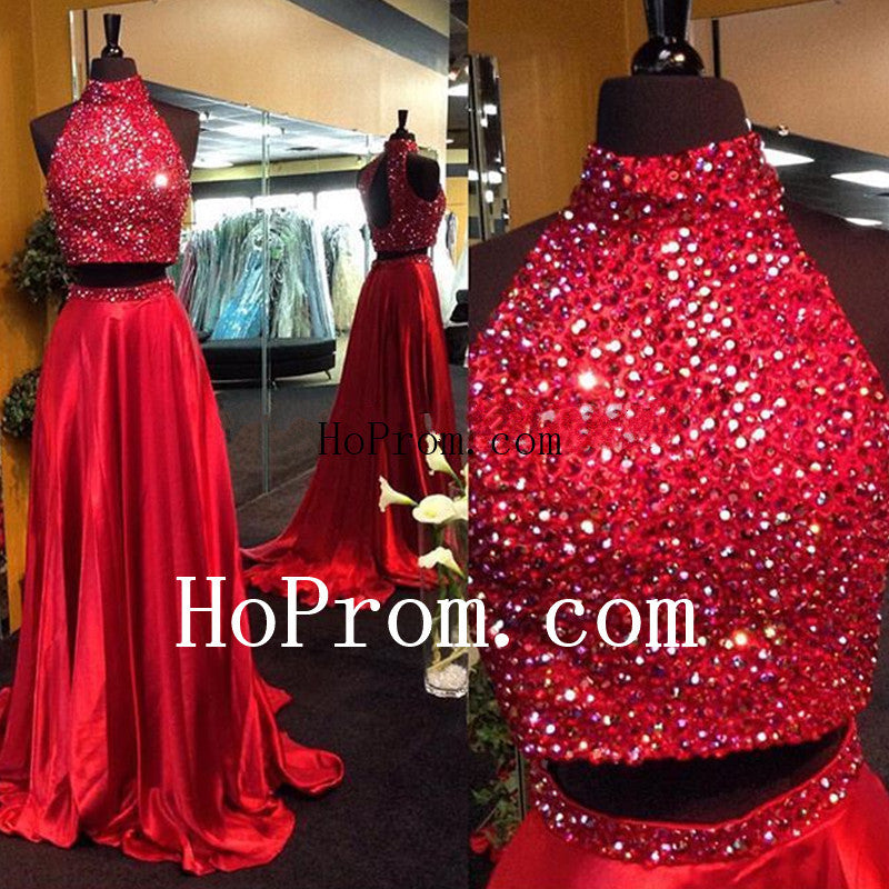 high neck red prom dress